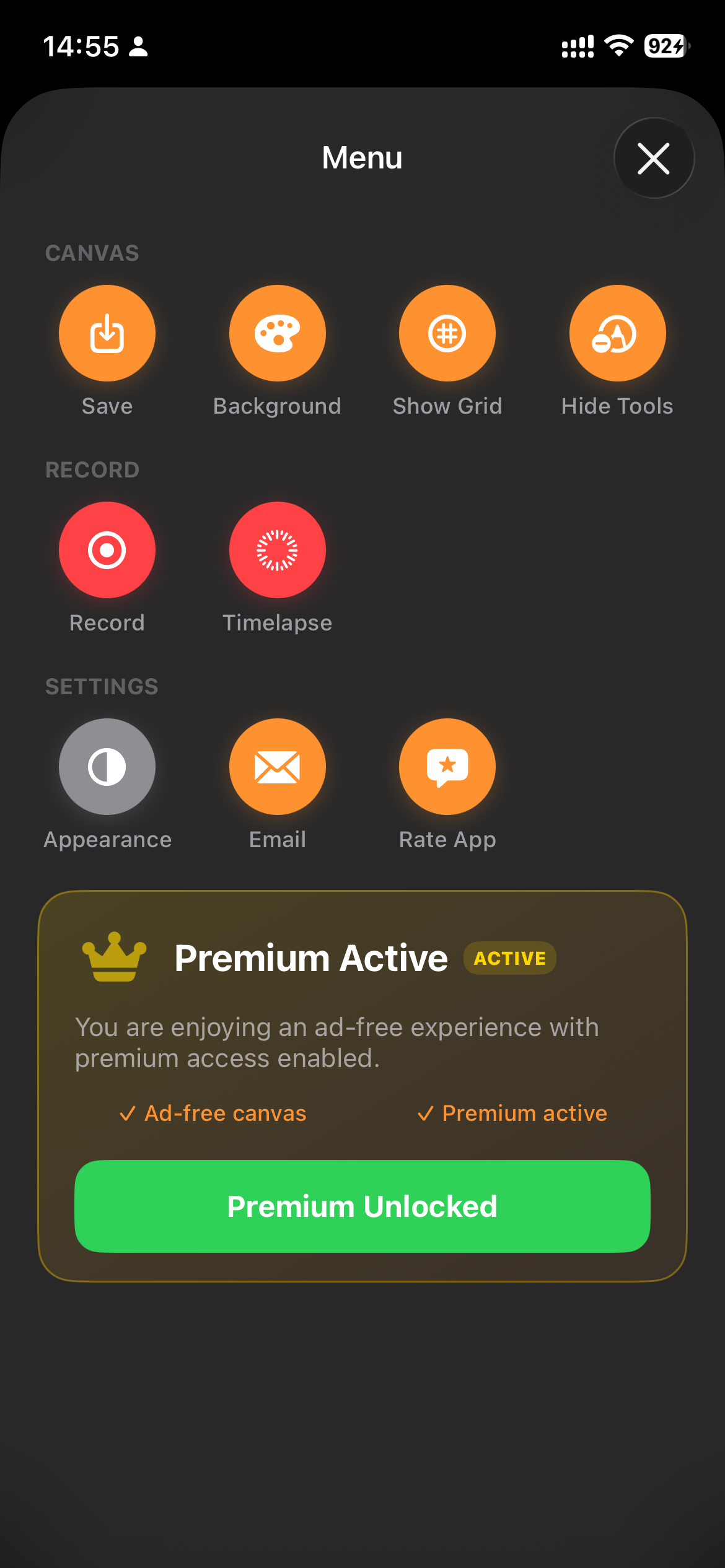 Dark mode menu screen